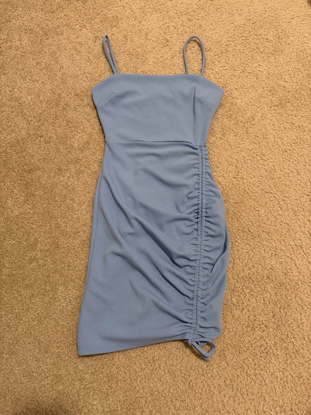 Windsor Light Blue Spaghetti Strap Ruched Mini Dress